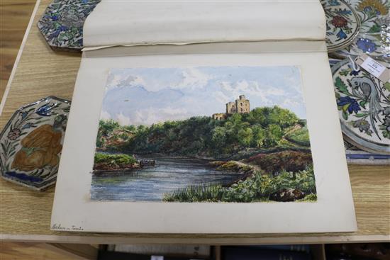 A Victorian album of architectural and other watercolours and a small sketchbook, 4.5 x 9.5in and 10.5 x 14in (approx 70)
